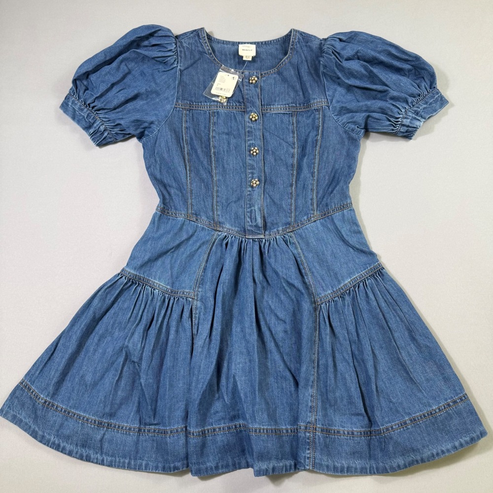 Maeve Denim Mini Dress Womens 6 Blue Puff Sleeve‎ Pearl Button Anthropologie NEW